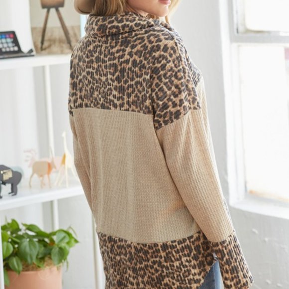 *ONLY 1 LEFT*   Cowl Neck Waffle Shirt Animal Print Colorblock - Picture 5 of 7
